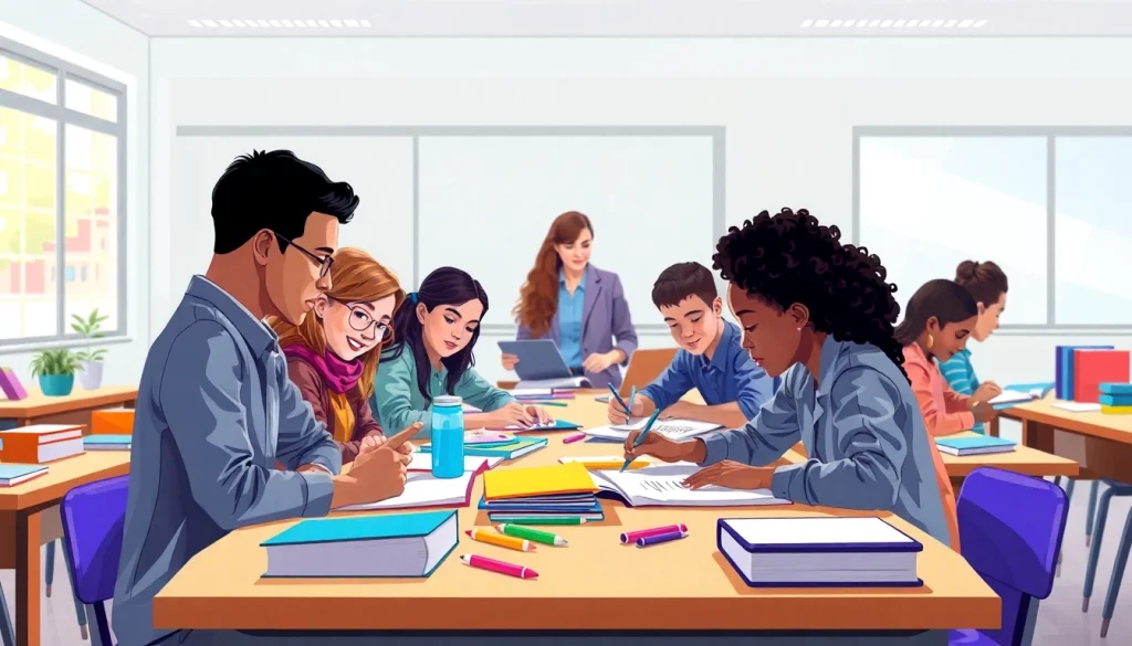 Engaging scenes of Education in a dynamic classroom with diverse students collaborating.