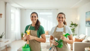 Cleaning Service team efficiently cleaning a bright home with eco-friendly products.