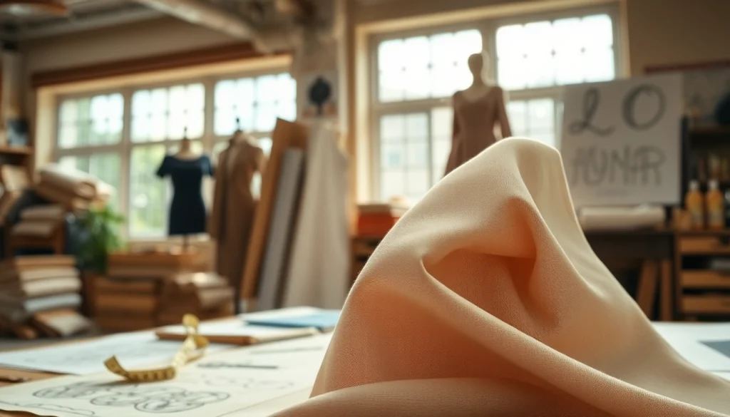 Punta di Roma stof met een elegante uitstraling in een naaiatelier met gereedschap.