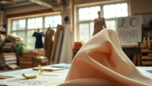 Punta di Roma stof met een elegante uitstraling in een naaiatelier met gereedschap.