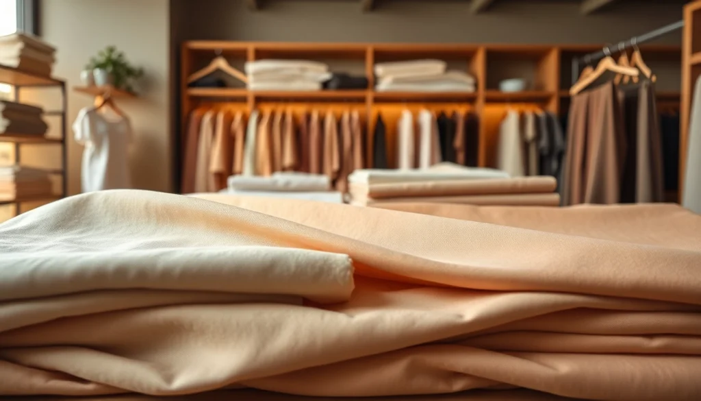 Katoen stoffen in warme boutique met elegante texturen en kleuren.