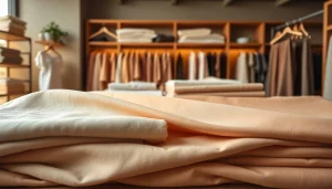 Katoen stoffen in warme boutique met elegante texturen en kleuren.