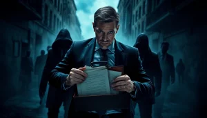 Character in "Politics Thieves and Bullets" faces danger amidst urban conspiracy.