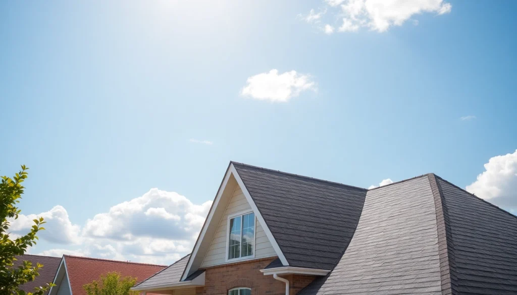 Showcase reliable roofing services with a new roof on a beautiful home under bright sunlight.