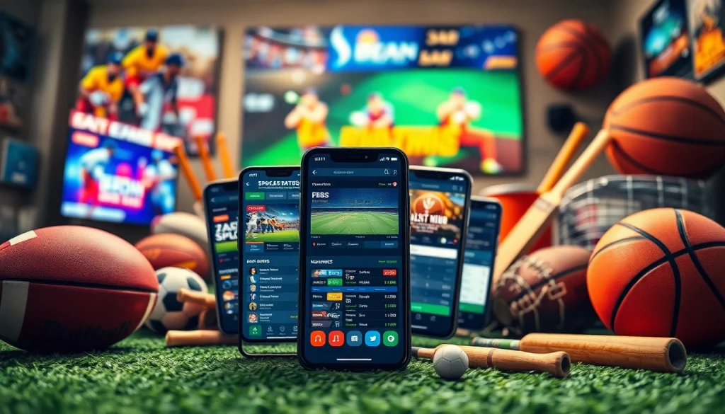 Engaging representation of sports betting sites India showcased on mobile devices amidst vibrant sports elements.