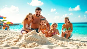 Engaging in Cabo family activities, a family enjoys sandcastle building on the beach.