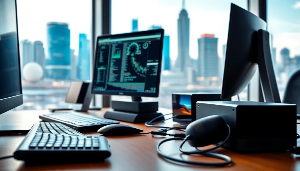 Showcasing technology gadgets in a modern workspace, emphasizing efficiency and innovation.