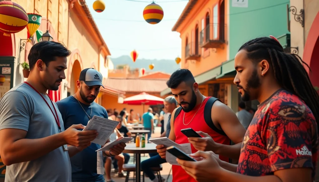 Engaged individuals enjoying sports betting in Mexico with colorful local flair.