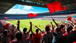 축구중계에 열광하는 팬들이 가득 찬 경기장에서 응원하는 장면입니다.