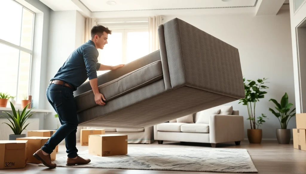Two professional movers showcase the best Toronto Movers efficiency while lifting a sectional sofa.