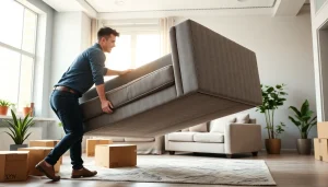 Two professional movers showcase the best Toronto Movers efficiency while lifting a sectional sofa.