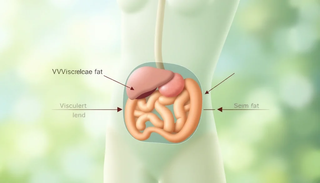 Visual representation of visceral fat surrounding internal organs, highlighting anatomical details.