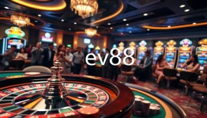 Experience the excitement of ev88 with vibrant casino visuals, showcasing online gaming action and luxury.