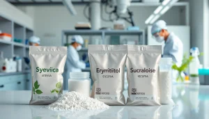 Showcasing various industrial sweeteners like stevia and erythritol in a lab environment.