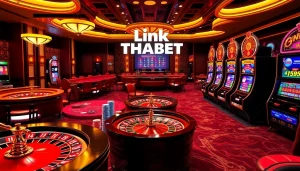 Engage with Link THABET in a luxurious online casino setting filled with vibrant tables and jackpot machines.