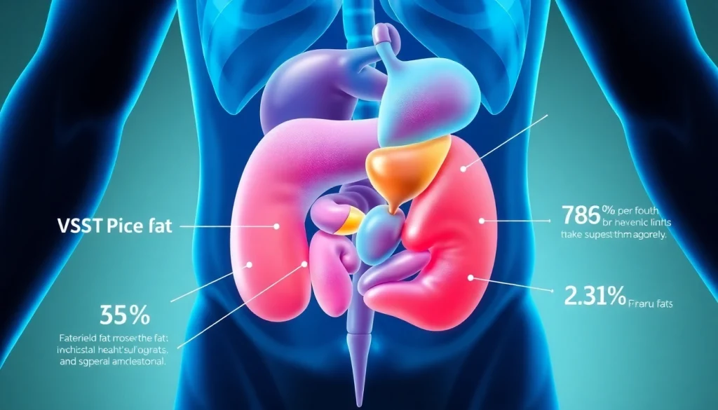 Illustration depicting visceral fat surrounding human organs with labeled statistics.