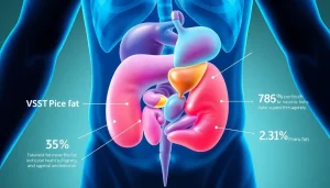 Illustration depicting visceral fat surrounding human organs with labeled statistics.