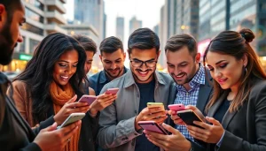 Engaged individuals exploring sports betting sites Texas through apps and laptops amidst a vibrant urban backdrop.