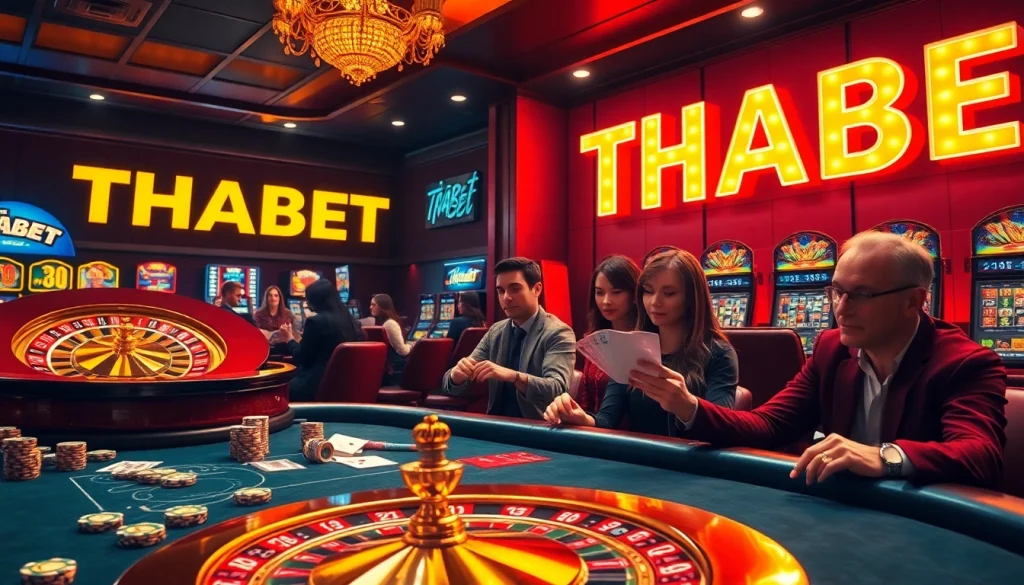 Experience excitement at THABET Casino with vibrant poker chips, roulette, and engaging players.
