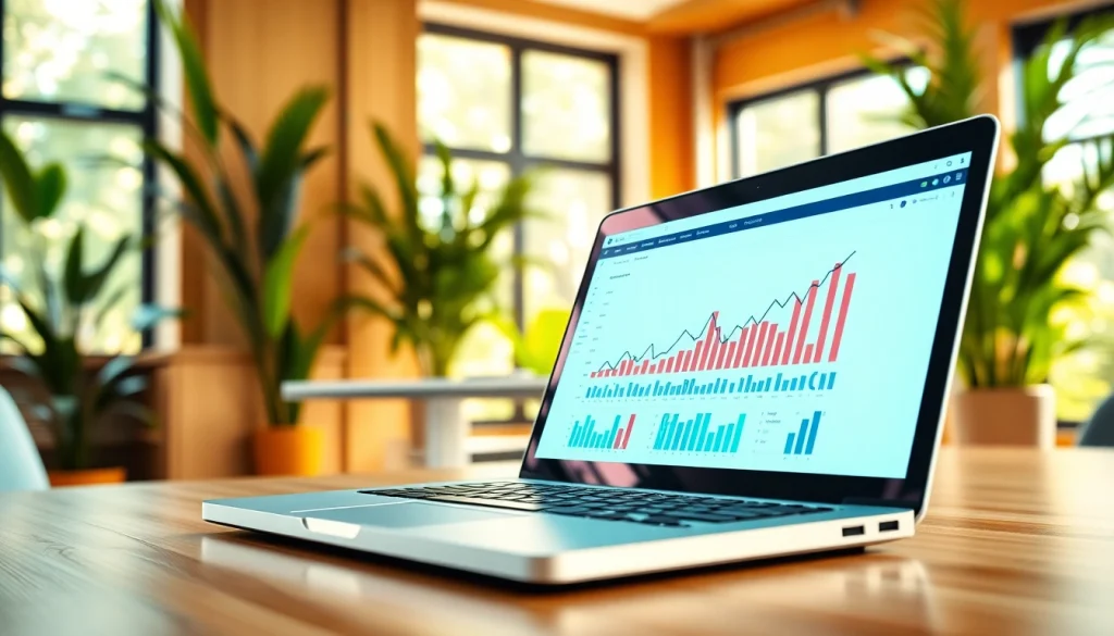 Learn how to monetize a single file link with a laptop and financial analytics in a vibrant office.