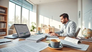 Authorized translator at work in a bright, modern office with multilingual texts and professional tools.