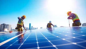Engaged solar installers near me demonstrating solar panel installation on an urban rooftop.