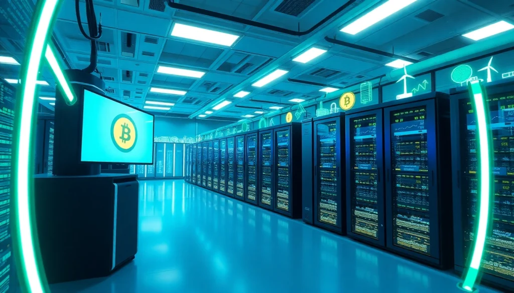 Futuristic bitcoin cloud mining operation showcasing advanced tech and renewable energy.