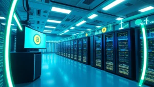 Futuristic bitcoin cloud mining operation showcasing advanced tech and renewable energy.
