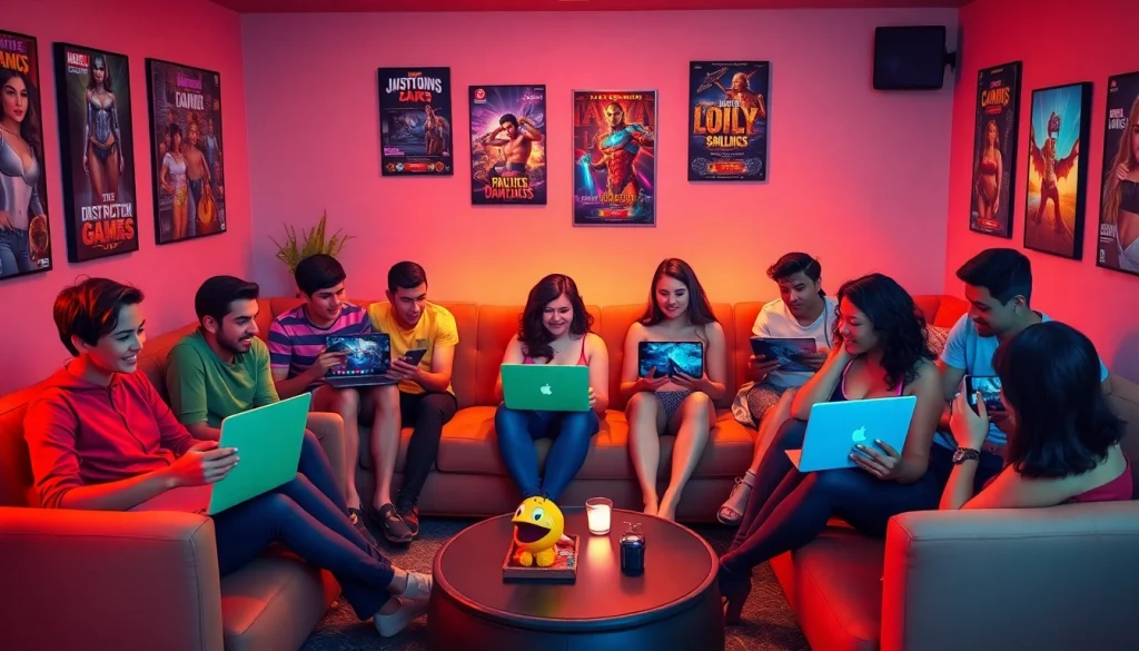 Experience thrilling free porn games in a vibrant game room filled with diverse players on various devices.