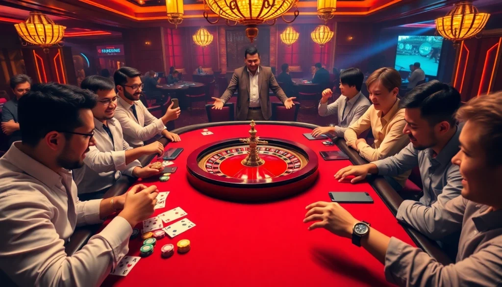 Sbobet players enjoying an exciting game at a casino table with vibrant cards and chips