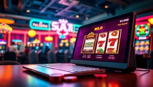 Permainan slot deposit 1k yang menarik dengan latar belakang kasino virtual penuh warna.