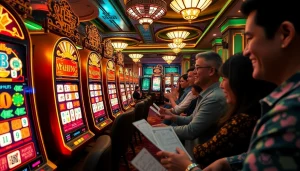 Engage in a mahjong slot demo with vibrant casino visuals showcasing excited players and dynamic slot machines.