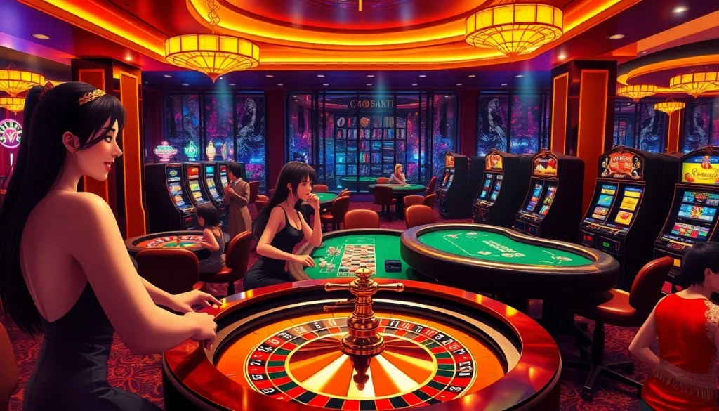 Experience thrilling gameplay with free porn games at a vibrant casino filled with slot machines and card tables.