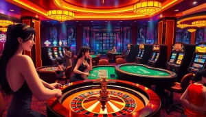 Experience thrilling gameplay with free porn games at a vibrant casino filled with slot machines and card tables.