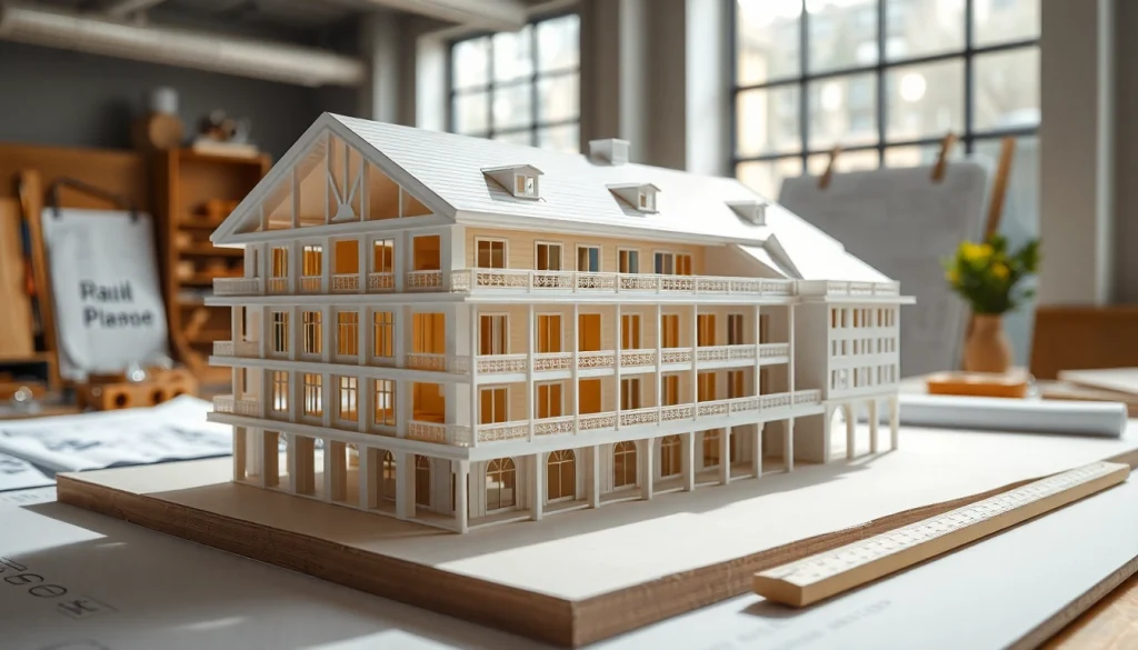 Architekturmodellbau Braunschweig: Detailansicht eines architektonischen Modells in einem modernen Studio mit natürlichem Licht.