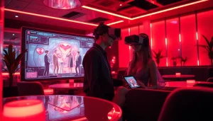 Realistic depiction of NSFW AI interaction in a modern virtual lounge.