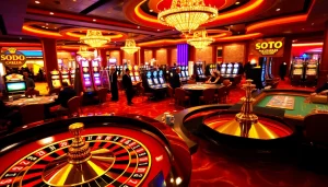 SODO casino floor showcasing players engaged at roulette and poker tables with vibrant slot machines.