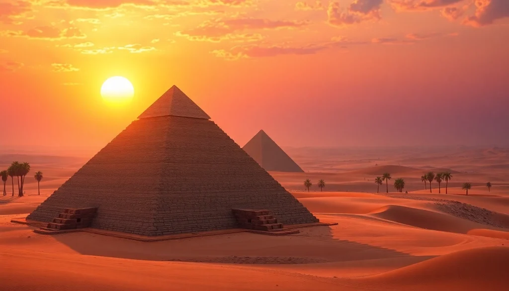 View of the majestic piraminds under a vibrant sunset, showcasing their timeless beauty and historic significance.