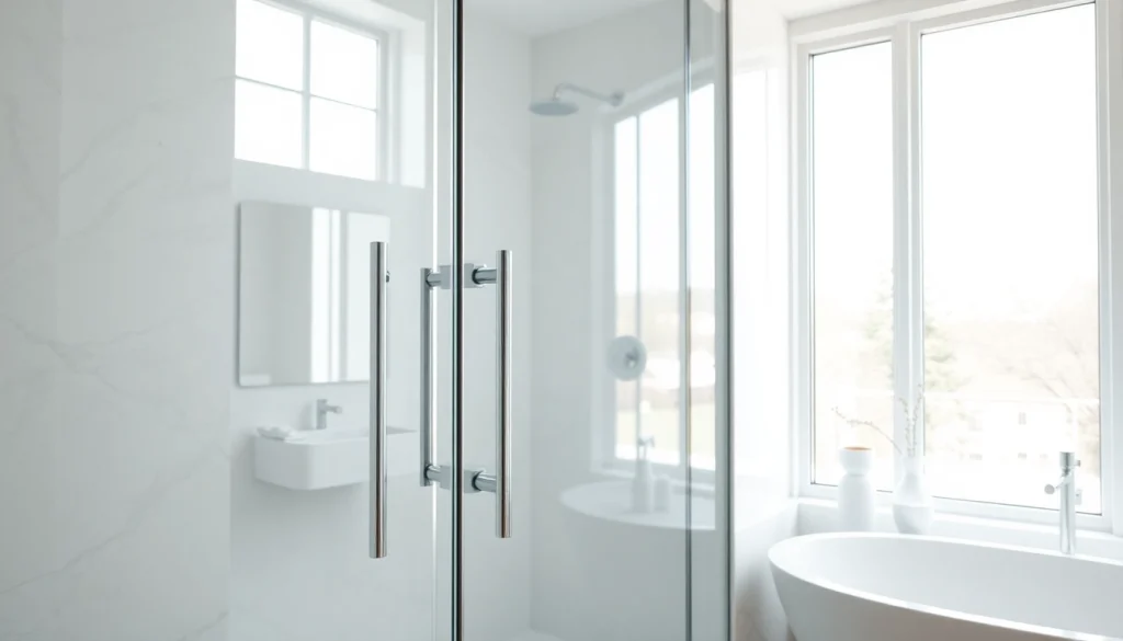 Admire beautiful glass shower doors with sleek lines in a luxurious bathroom setting.