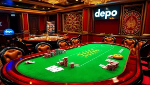 Players strategizing at a poker table with depo 5k bets, surrounded by colorful chips and energy.