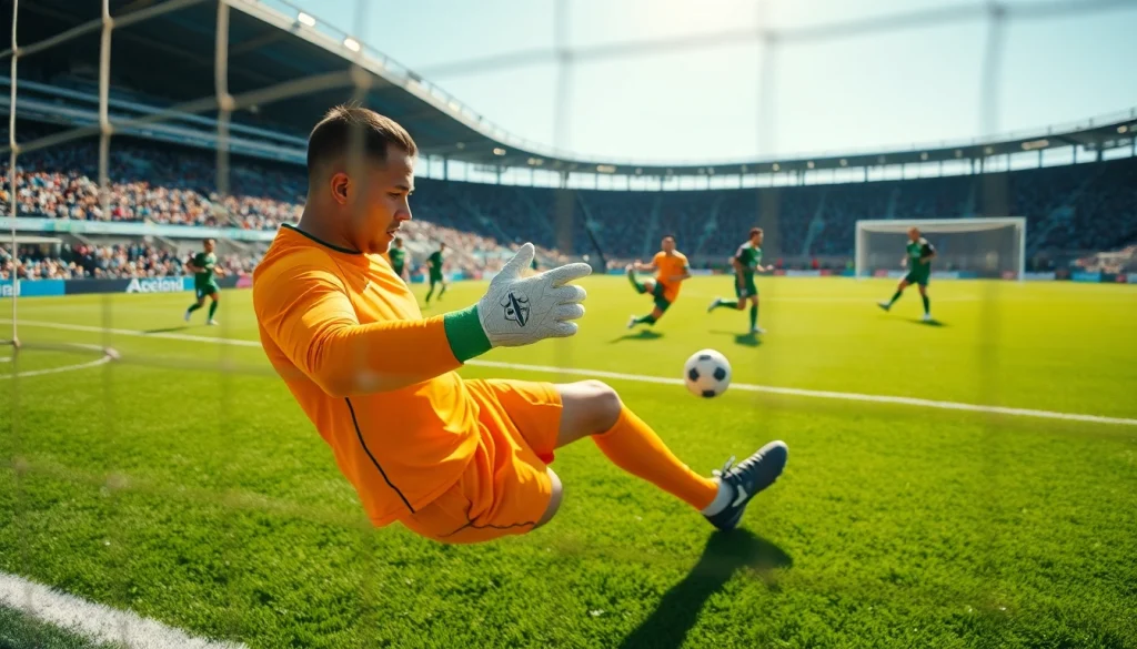 บานผลบอล แสดงถึงผู้รักษาประตูในสนามฟุตบอลที่ป้องกันลูกยิงอย่างมีทักษะ