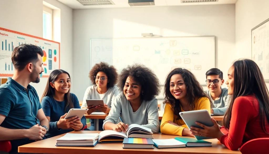 Innovative education scene showcasing collaborative learning and digital tools in a vibrant classroom.
