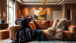 Bekijk warme en stijlvolle stoffen op een elegante bank in een moderne woonkamer met een gezellige ambiance.