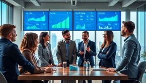 Engaged team discussing growth strategy trends in a modern office environment.