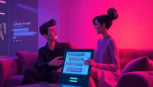 Engaging NSFW AI chat scene between two avatars in a cozy virtual lounge, showcasing interaction and digital intimacy.