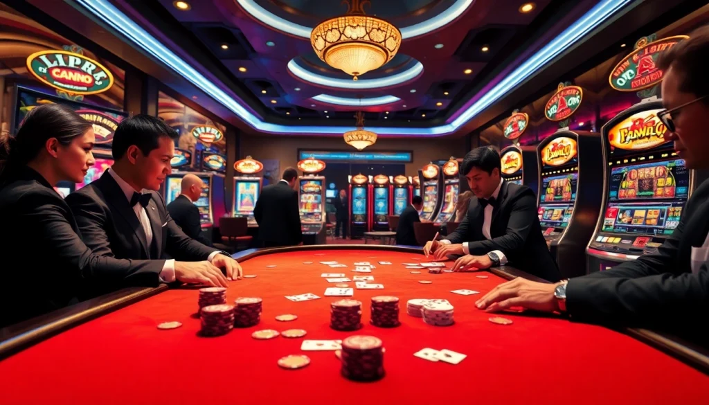 Experience the thrill of playing idnslot at a luxurious poker table with vibrant casino elements.