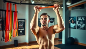 A fitness enthusiast using stretch bands for pull-ups in a bright, modern gym.