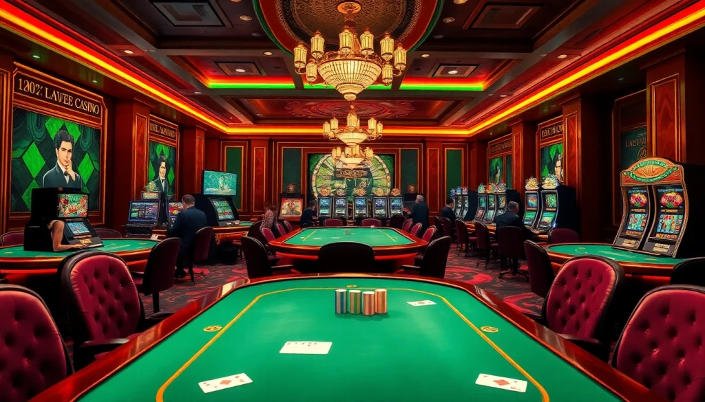 Scène engageante de casino en ligne argent réel montrant une atmosphère de jeu en ligne vibrante avec des joueurs et des jeux.