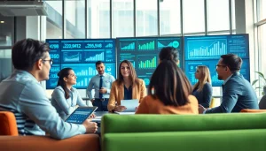 Visualize b2b competitive intelligence teamwork in a modern office with vibrant analytics.