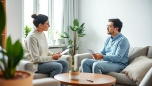 Illustration of a therapist addressing anxiety symptoms with a patient in a calm, inviting space.